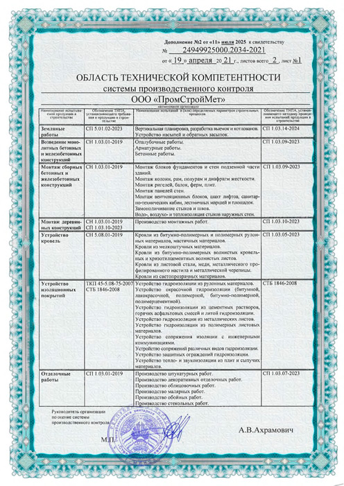 Дополнение к свидетельству о технической компетентности